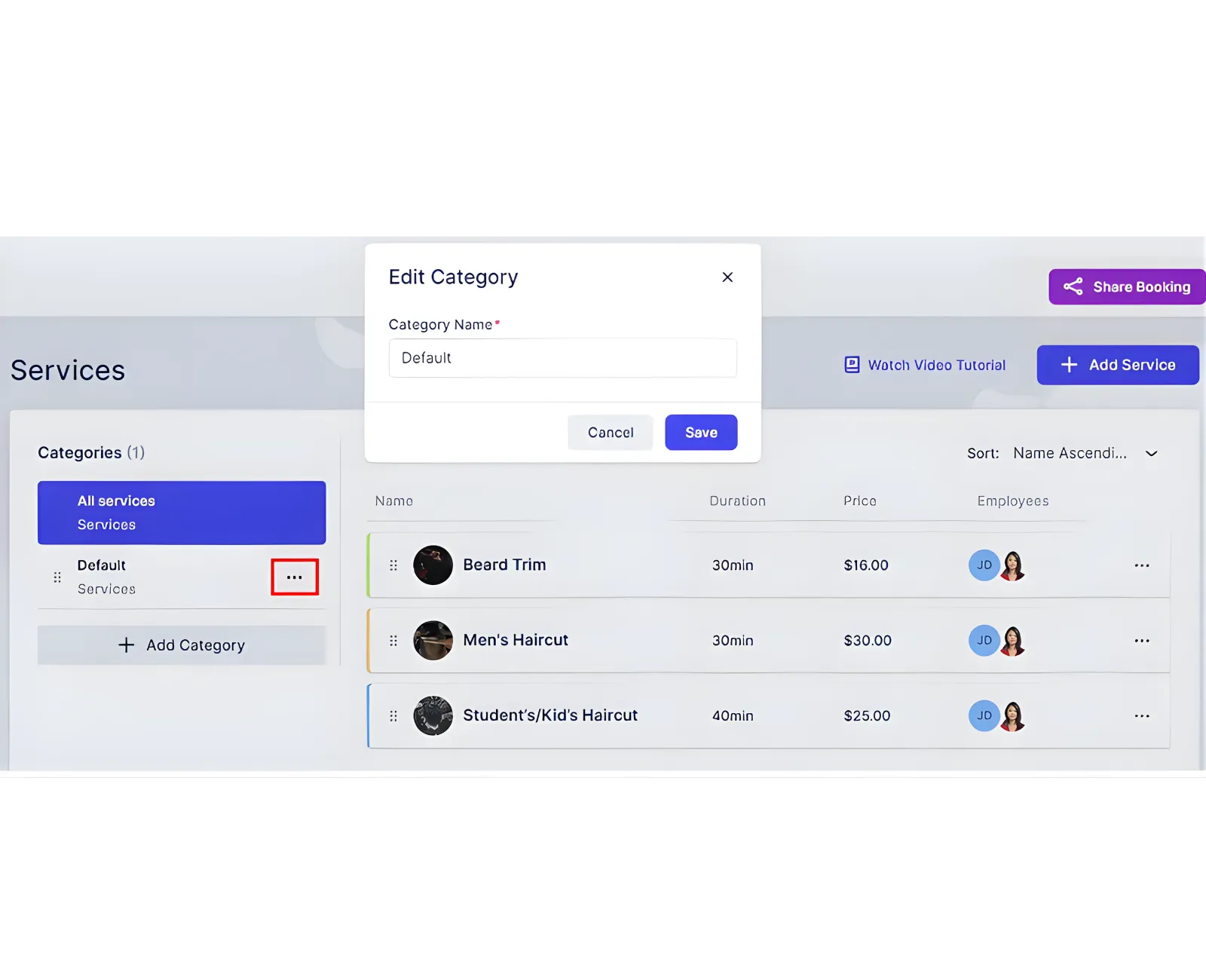 Category list showing the three-dots menu and Share Category options.