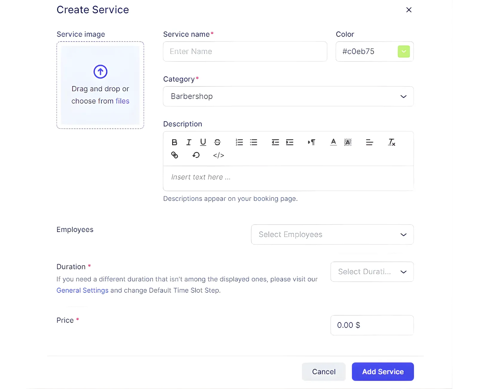 Add Service modal with fields for name, category, employees, duration, and price.