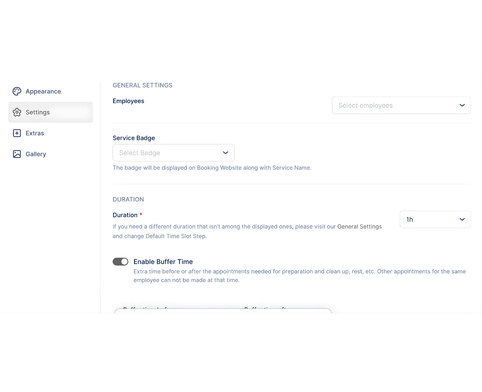 Service Settings tab showing location, duration, buffer time, and payment options.