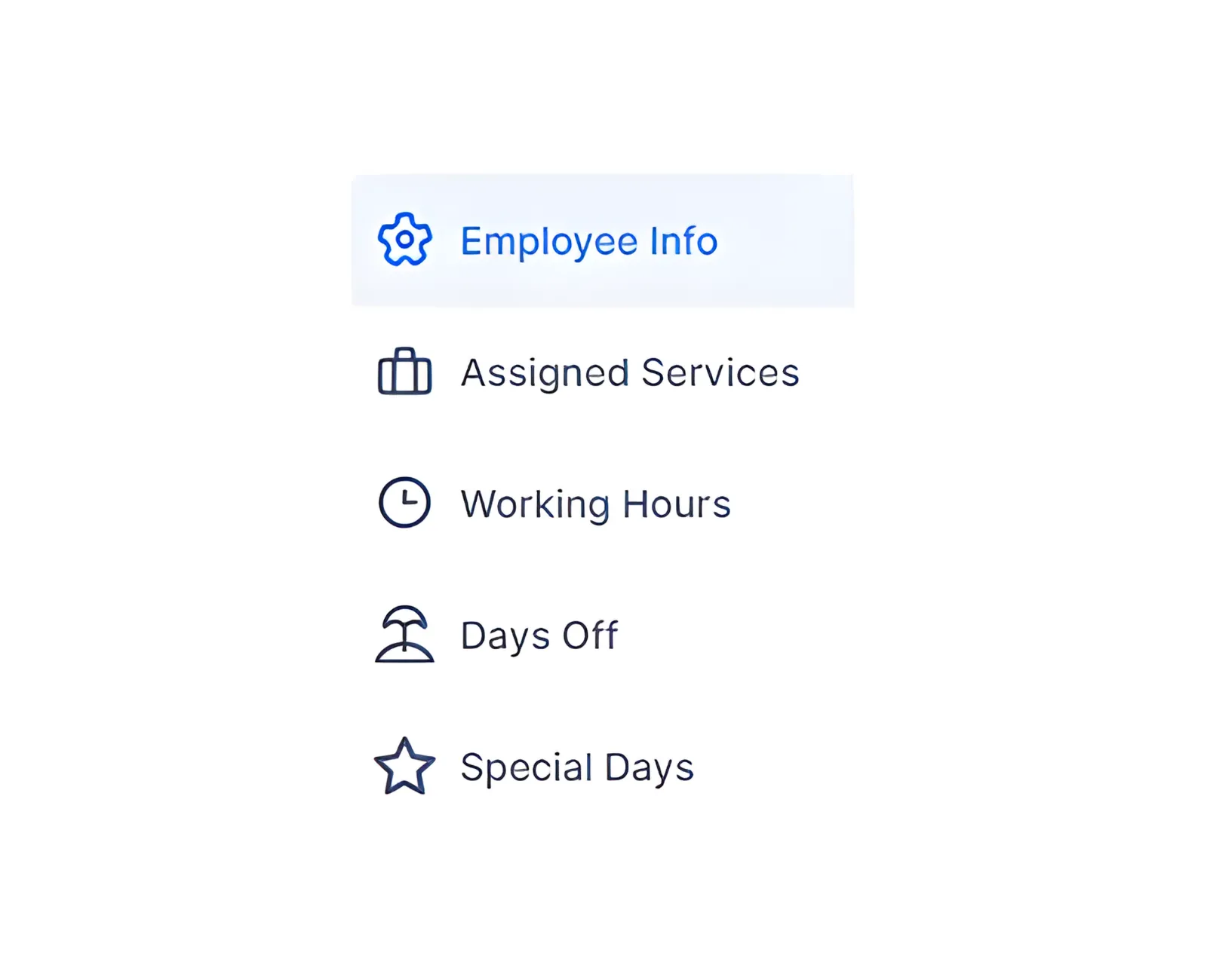 Add Employee modal with tabs for Info, Assigned Services, and Working Hours.
