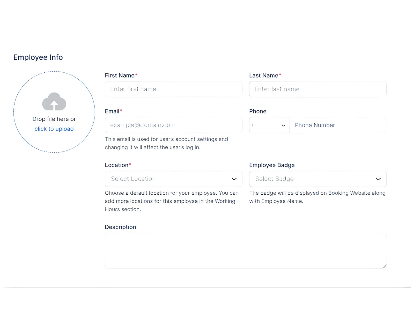 Employee Info tab with name, email, and badge fields.