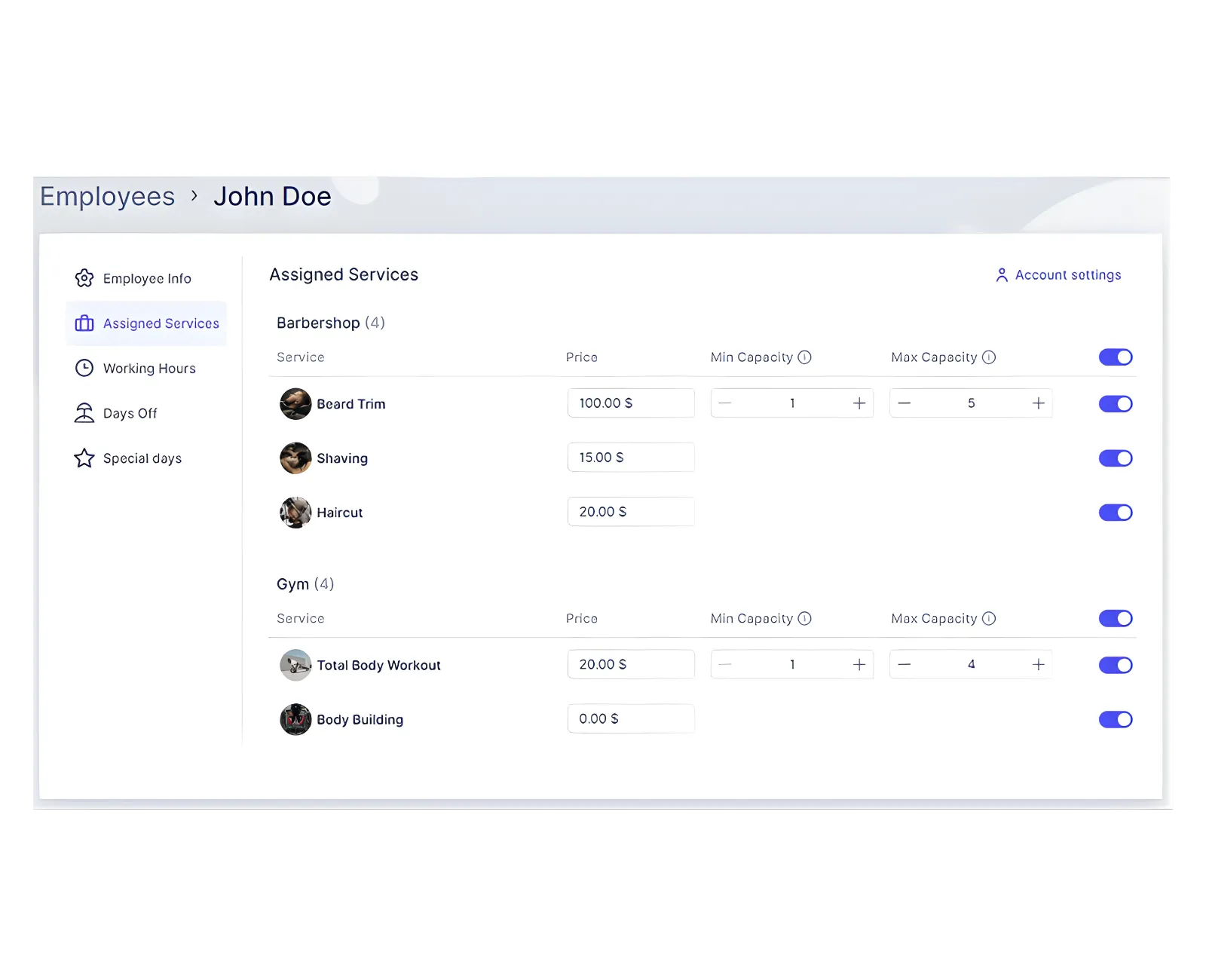 Assigned Services tab showing category toggles and per-employee pricing.