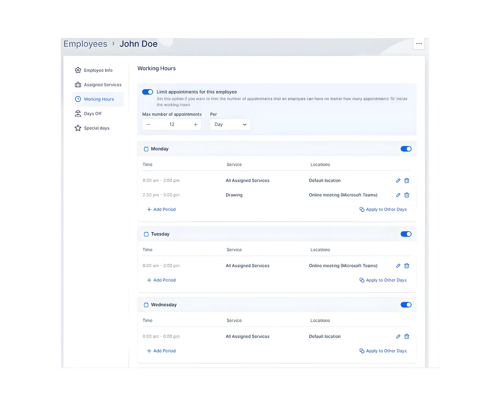 Working Hours tab showing multiple periods in a single day.