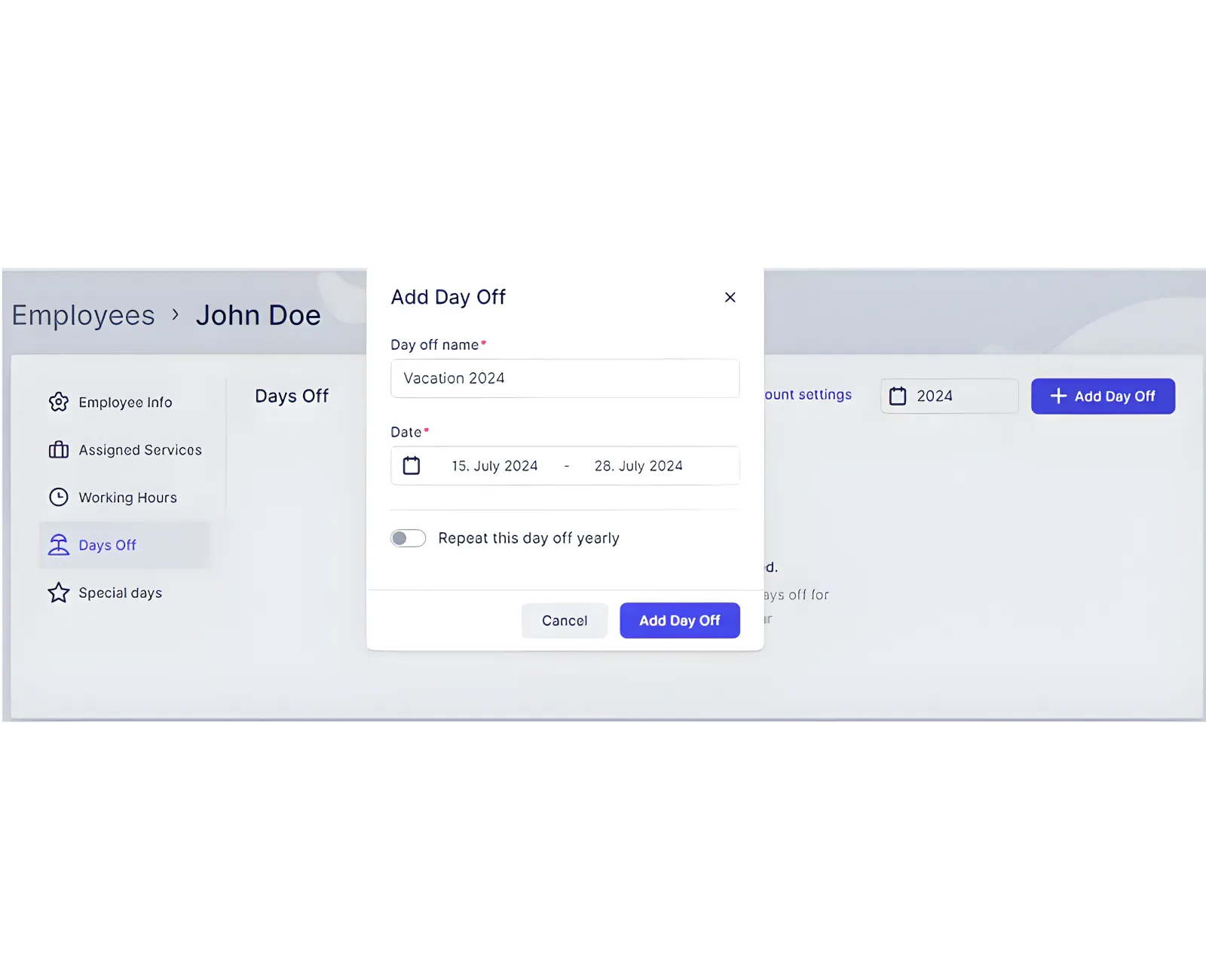 Employee Days Off popup with date range and repeat options.