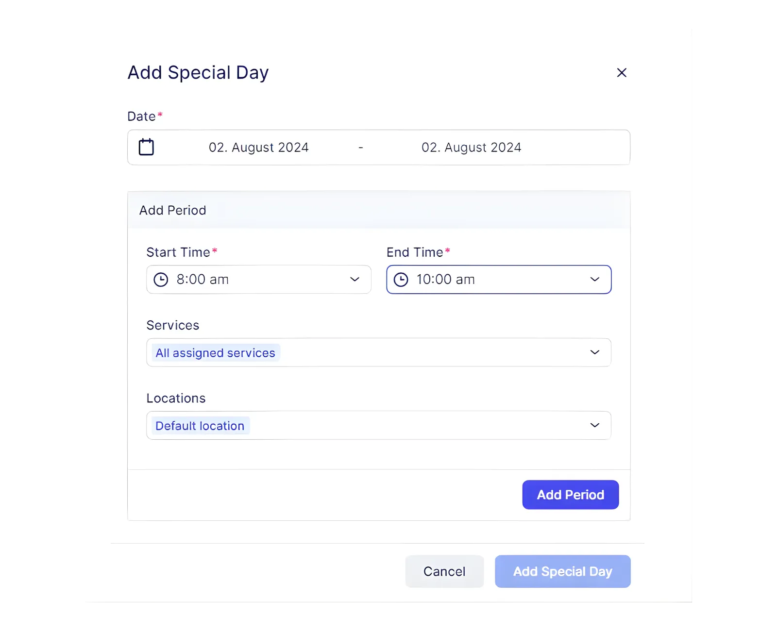 Special Days modal showing custom time periods for a single date.