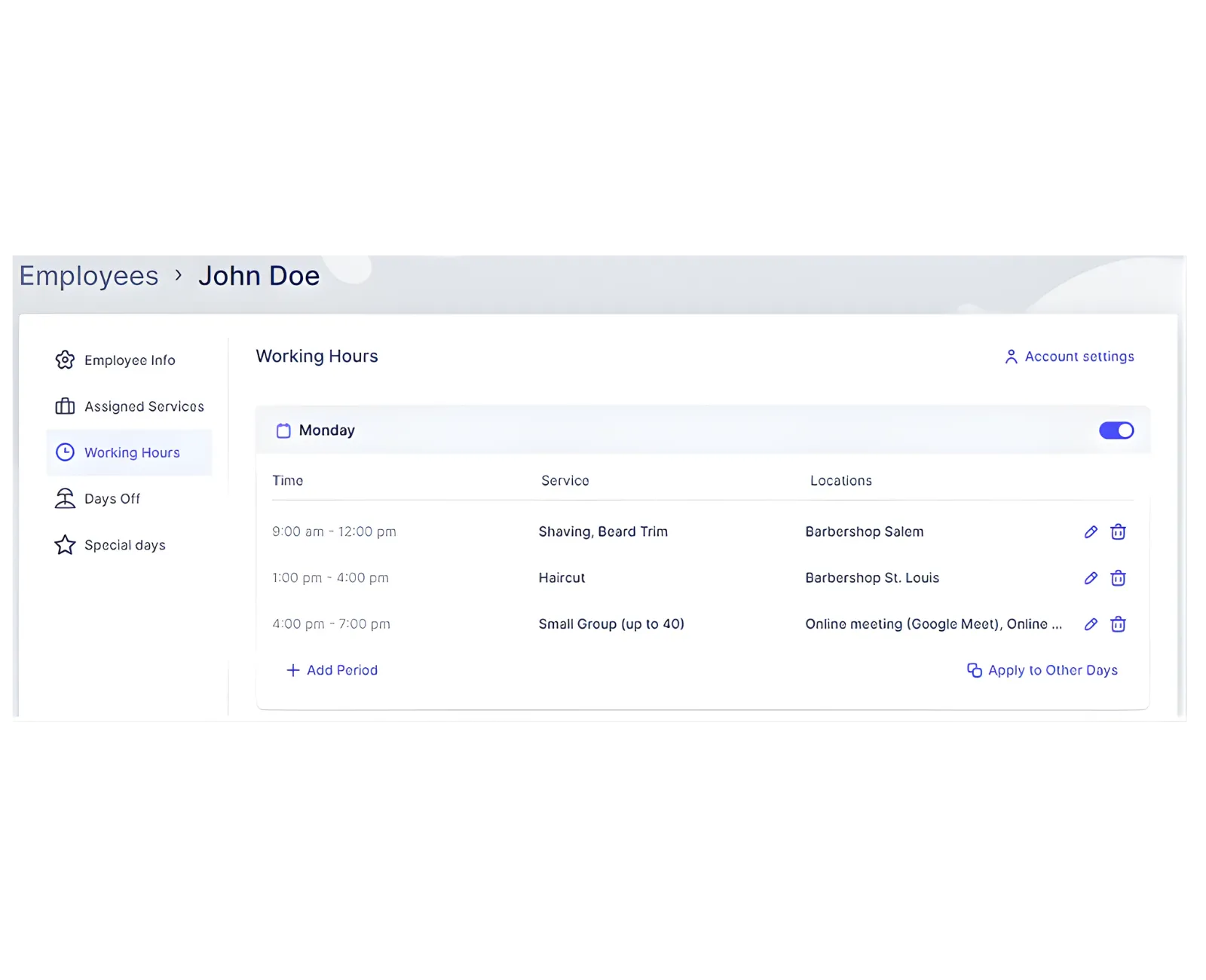 Employee Working Hours editor with service and location selectors.