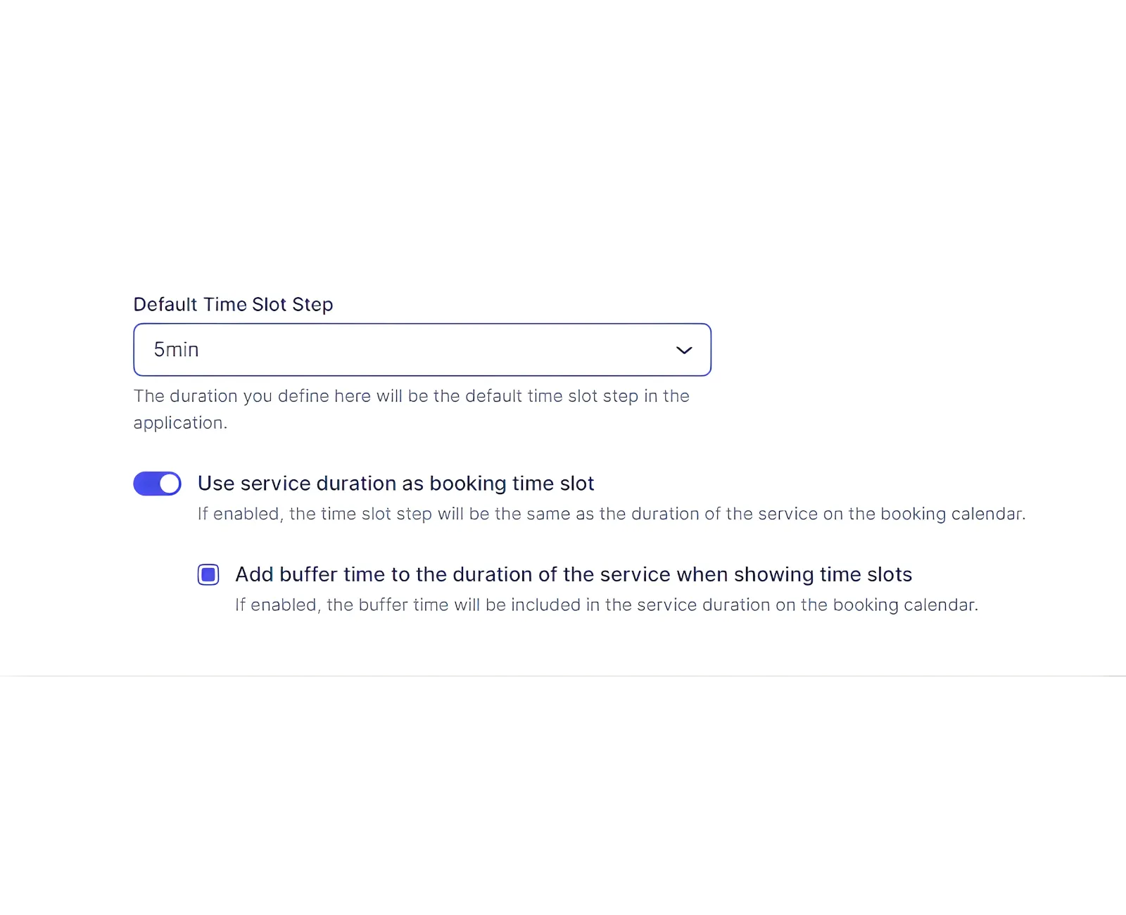 Appointment Settings panel showing Default Time Slot Step and Use Service Duration as Booking Time Slot toggle.