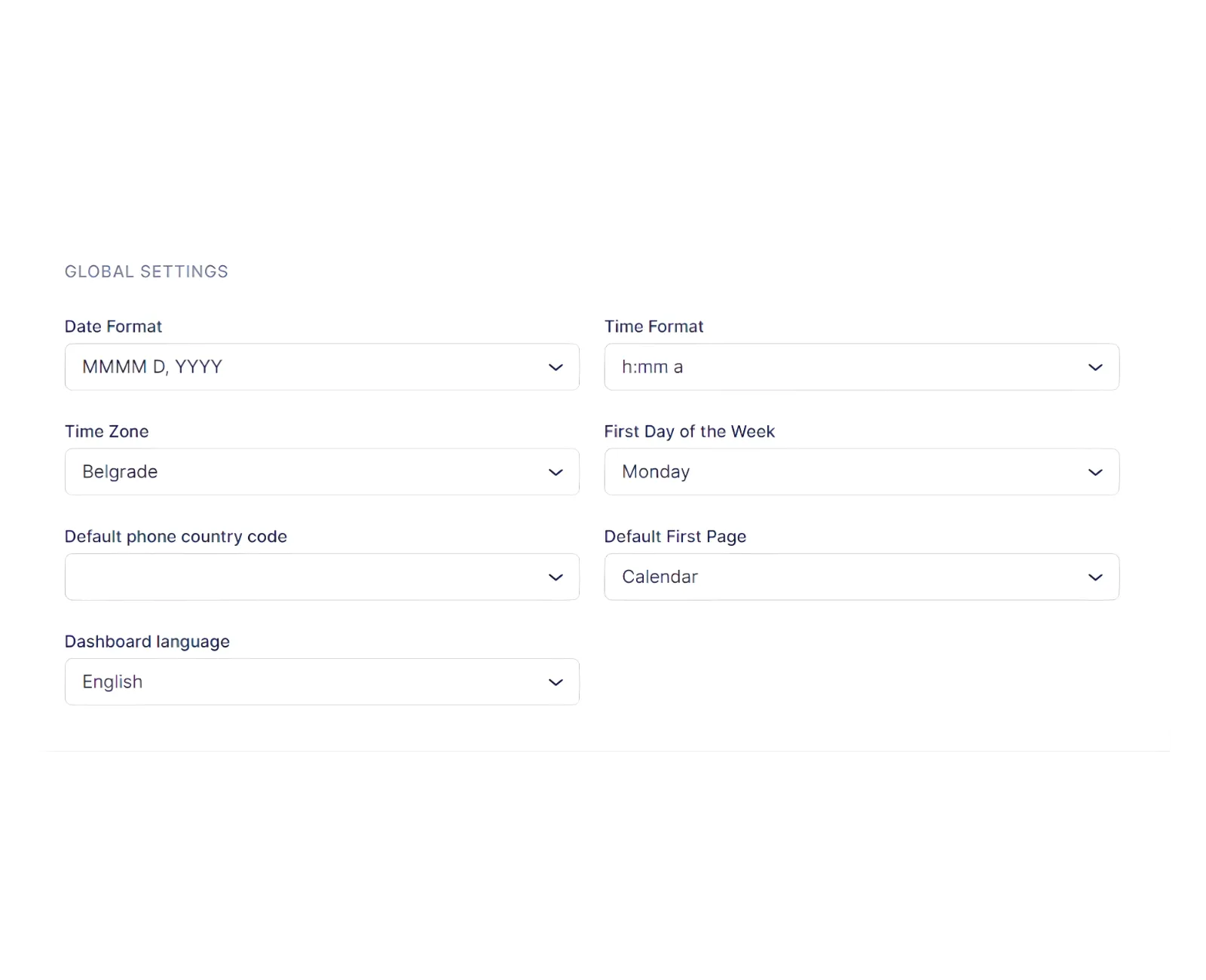 Global Settings section showing time zone and date/time format options.