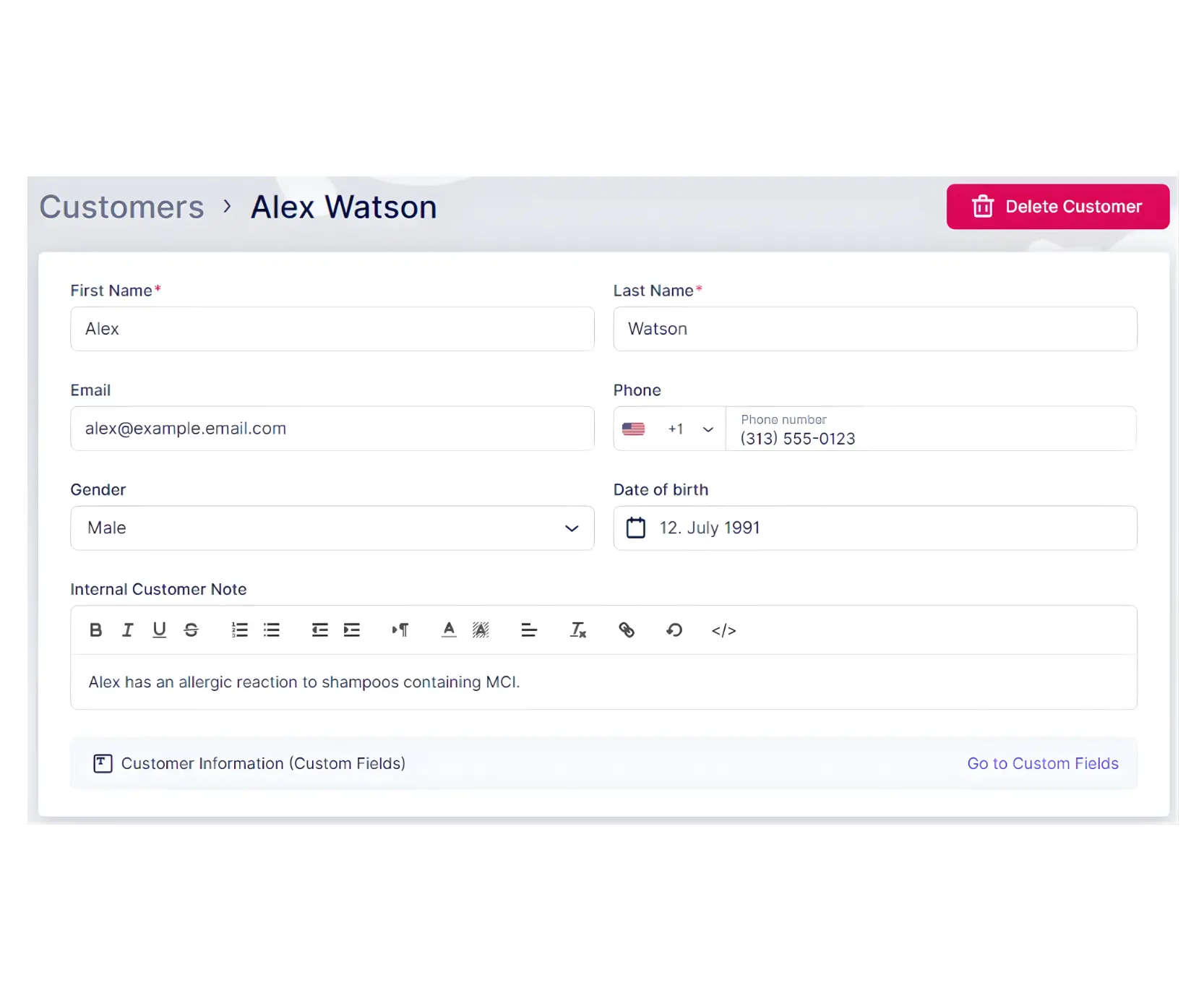 Customer profile page with Gender, Date of Birth, and Customer Notes fields.