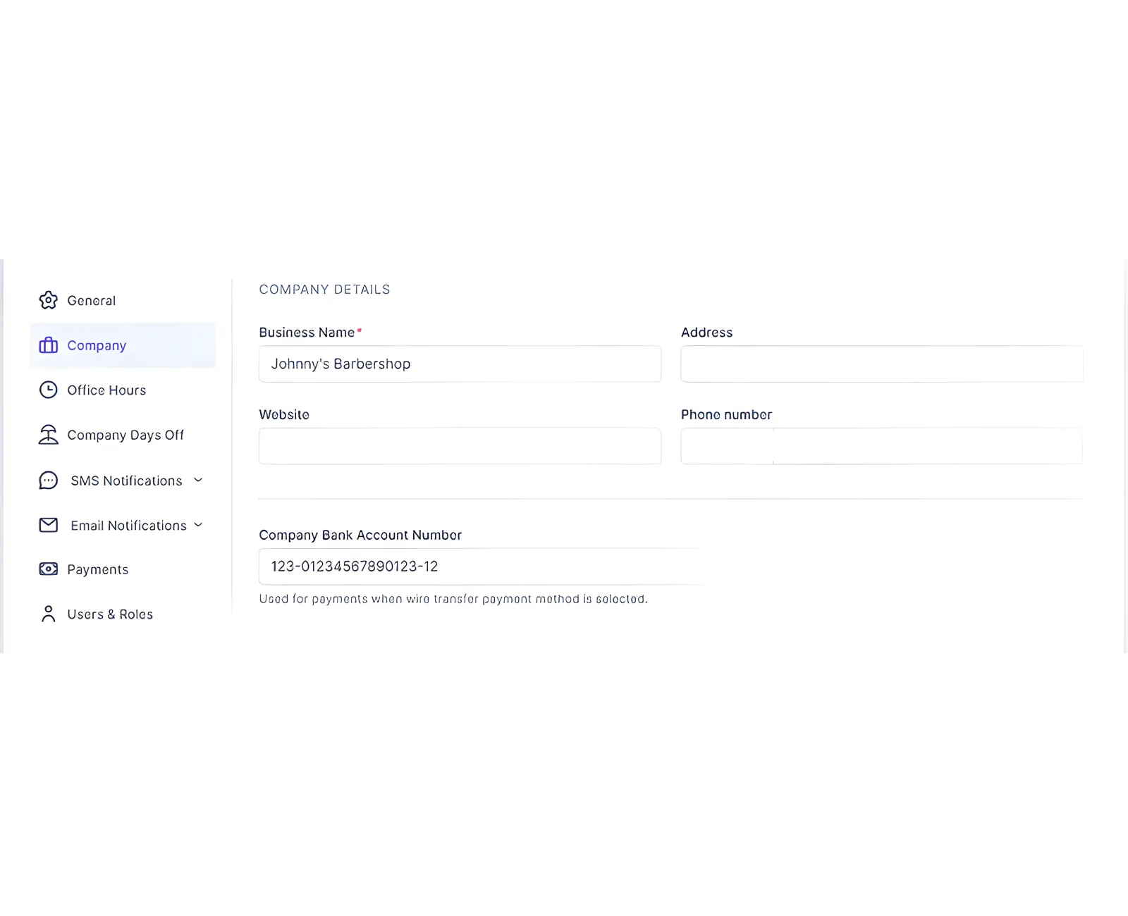 Company Settings form with Business Name, Address, Website, and Phone Number fields.