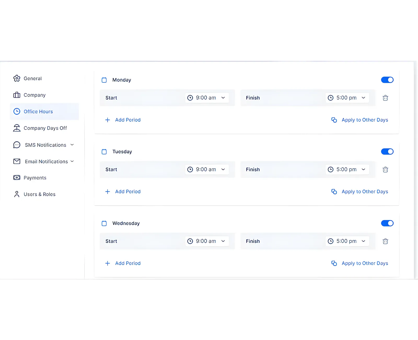 Office Hours grid showing default weekday hours and the Add Period button.