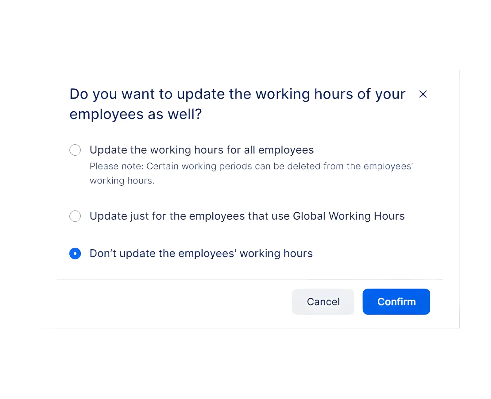 Modal showing the three Office Hours update options for employees.