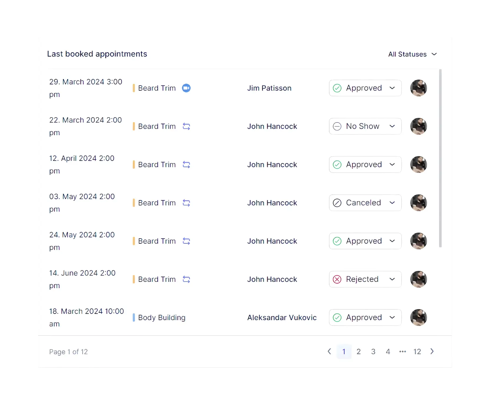 Last booked appointments list with status filters.