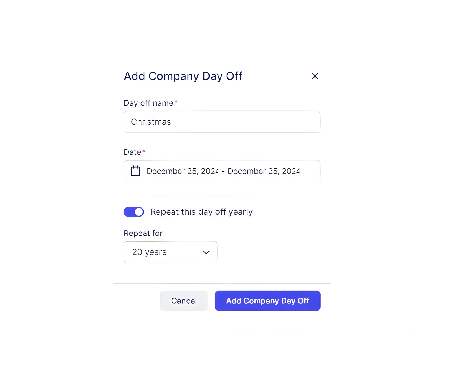 Add Day Off popup showing name, date range, and repeat settings.