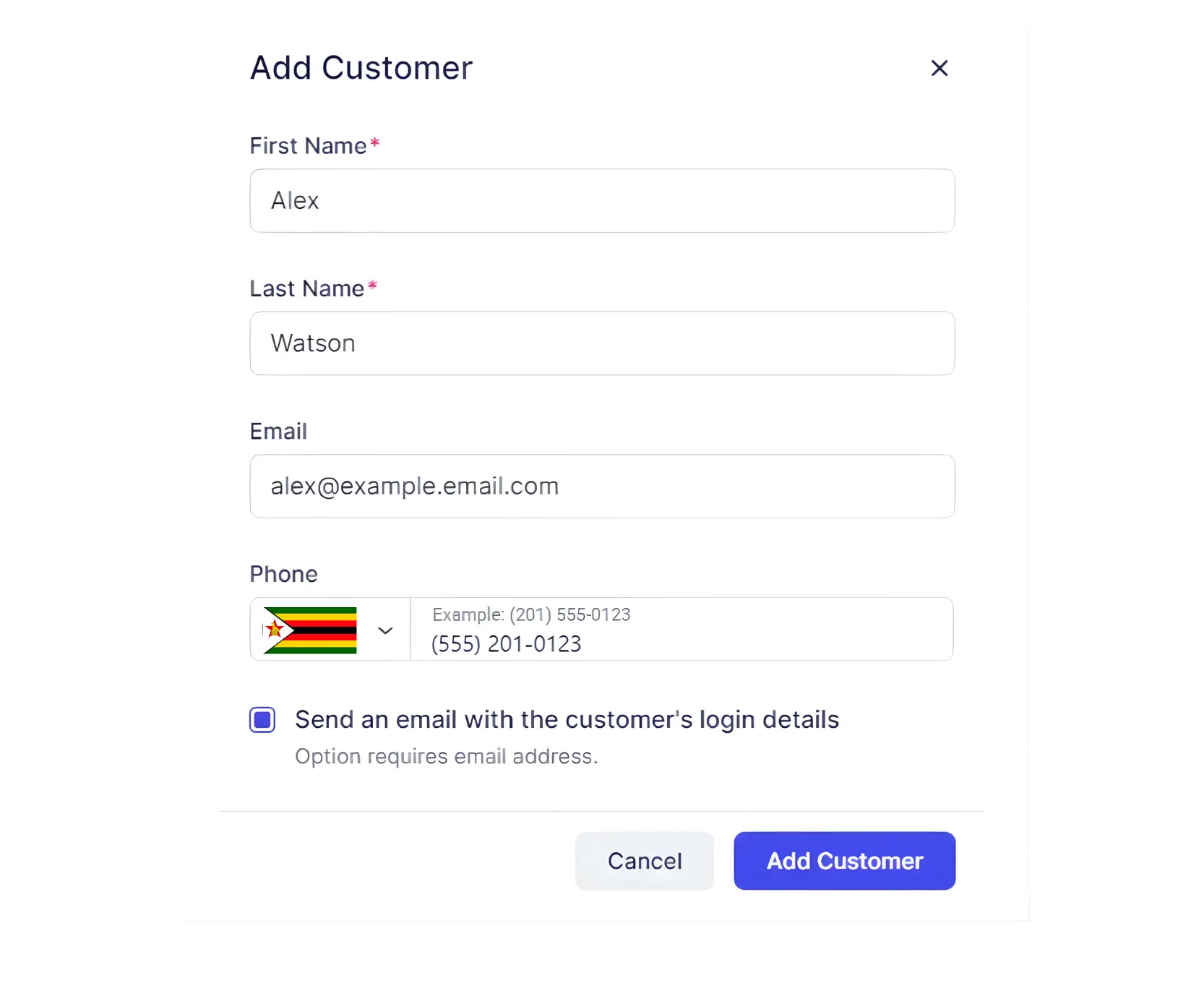 Add Customer popup with First Name, Last Name, Email, and Phone fields.